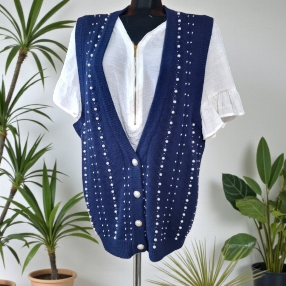 Marisa Christina Beaded Sweater Vest Luxury Lambswool Angora Pearl Embellish